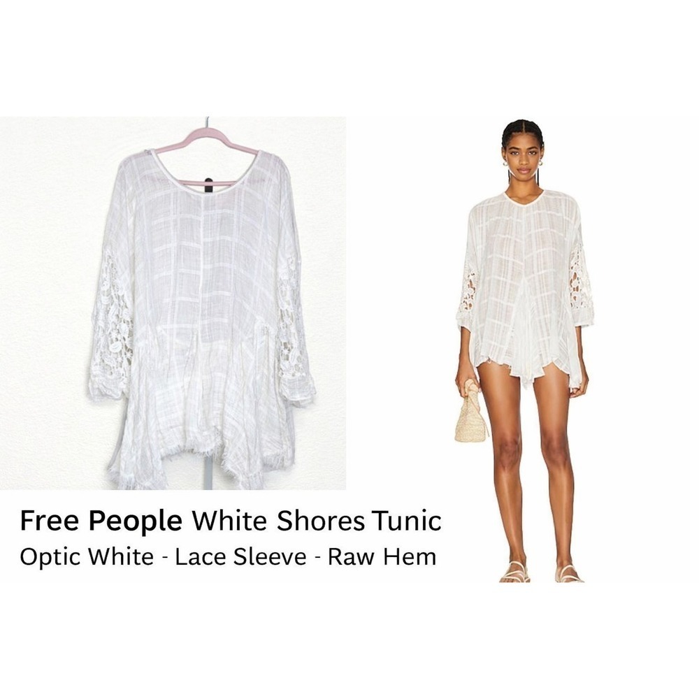 Free People White Shores Tunic Optic White‎ Gauze Lace Sleeve Boho Top Small